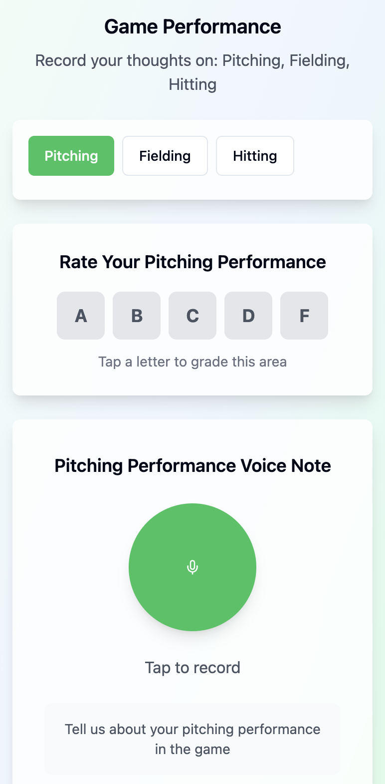 RiiVU app screen showing a performance voice note recorder