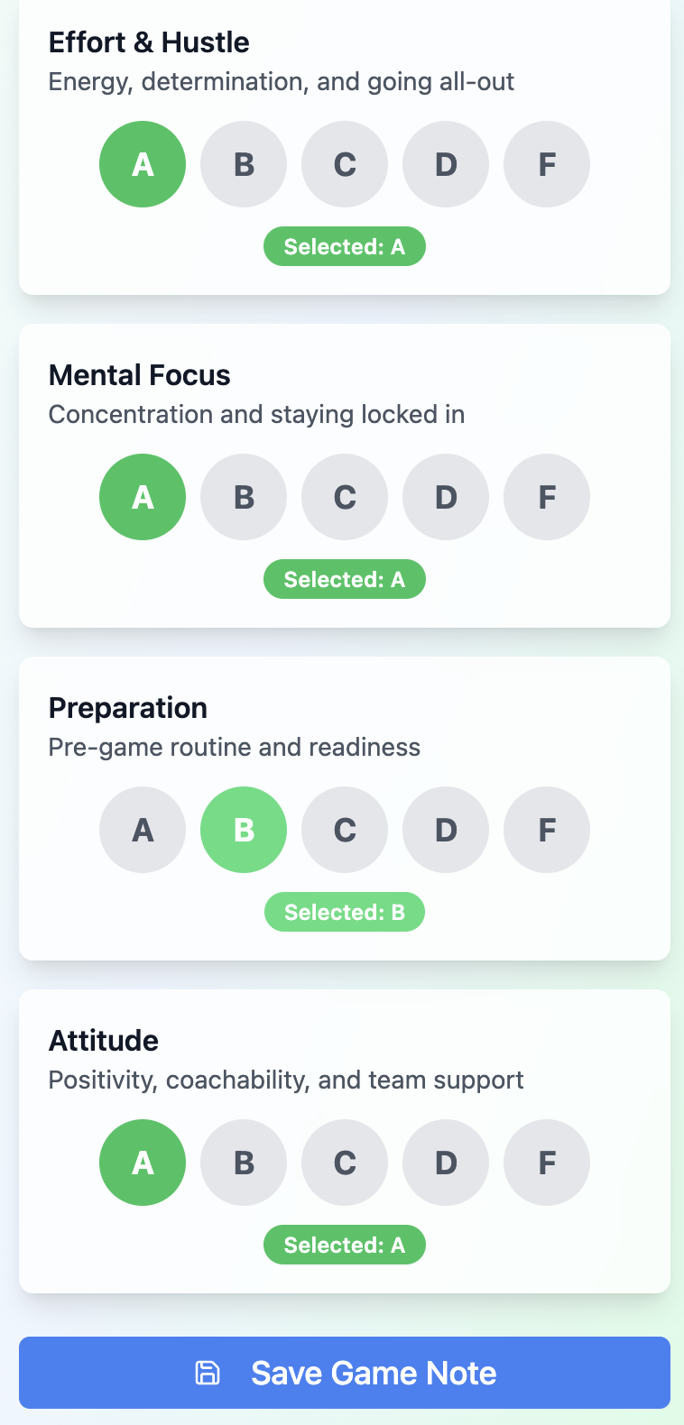 RiiVU app screen showing A-F grading for effort, mental focus, preparation and attitude