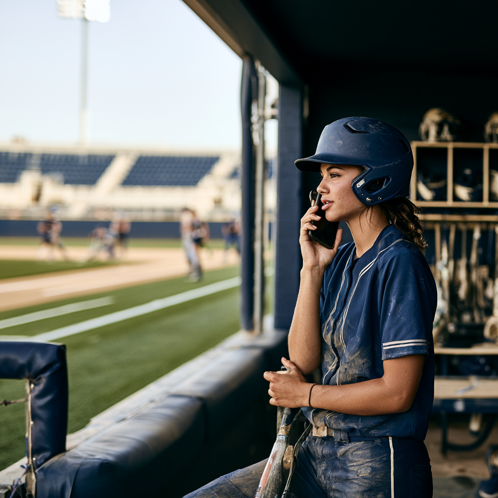 Softball player in the dugout holding a phone, ready to log a quick journal entry