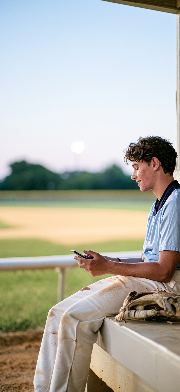 Baseball player in the dugout writing a journal entry on his phone