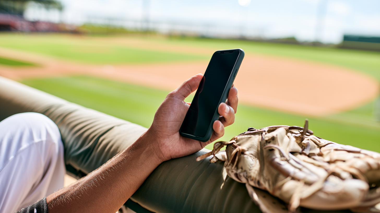 Player resting on the dugout rail with a glove, checking his weekly recap on his phone