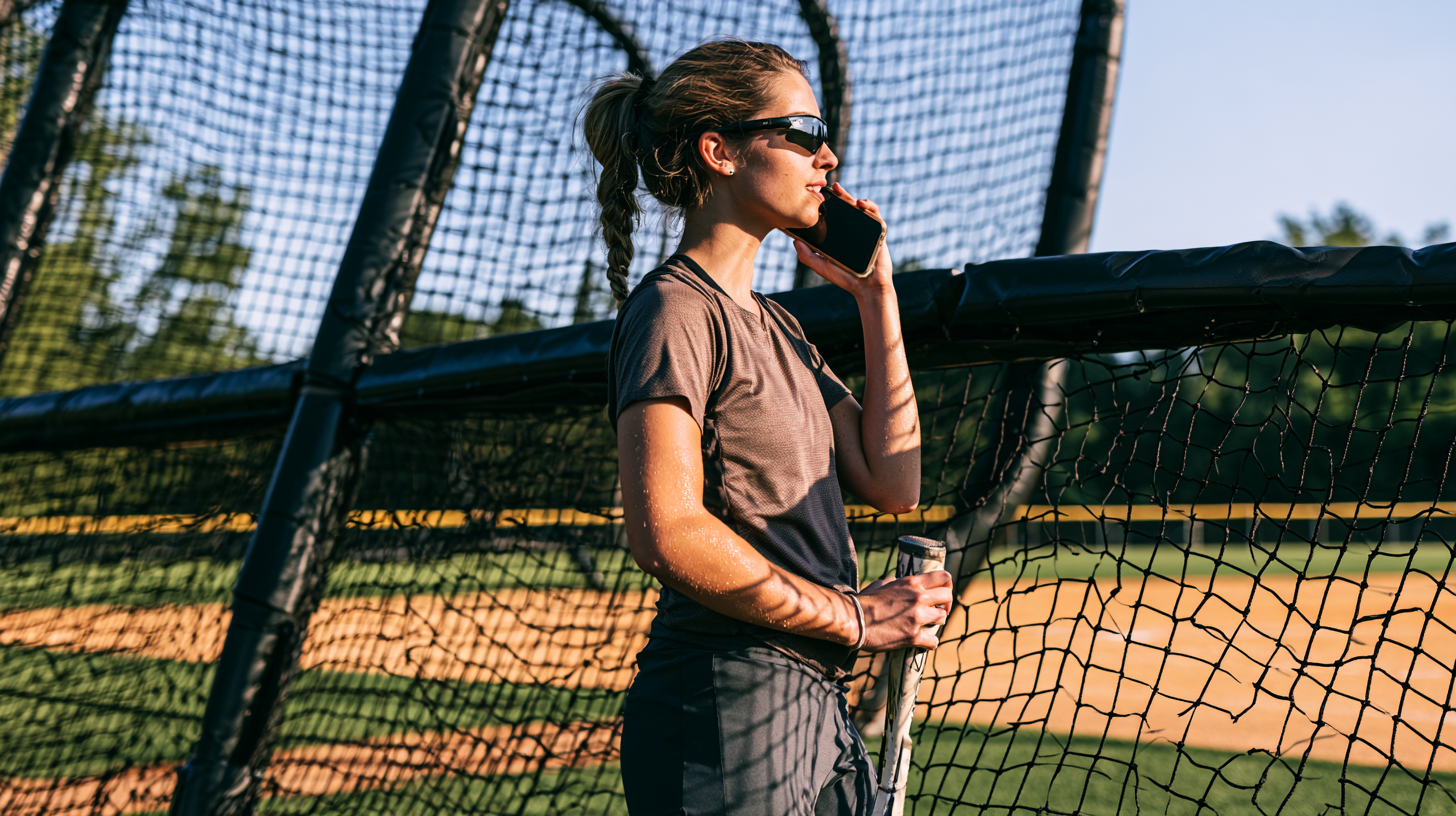 Softball player at the batting cage logging a training note on her phone
