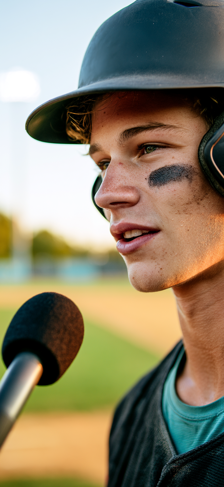 Baseball player in a helmet with eye black, speaking into a microphone on the field