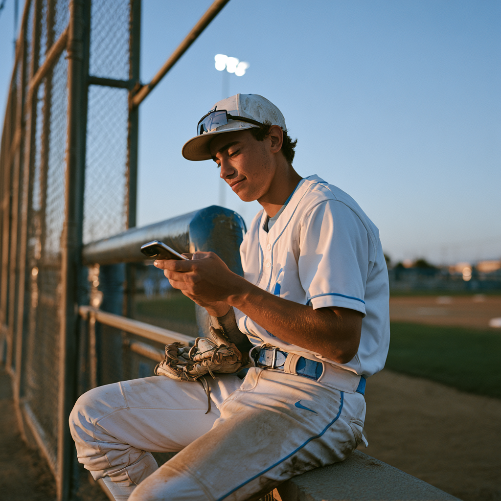 Player sitting in the dugout reviewing his journal on his phone